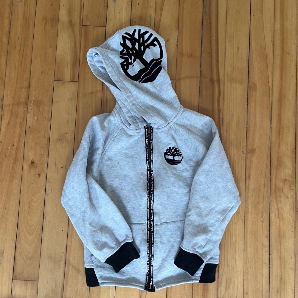 Kids Timberland Gray Zip Up Hoodie Tree Logo Comfort Casual Youth 6